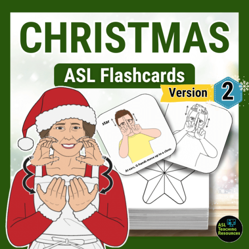 Christmas ASL Flashcards (Part 2). Image features a lady dressed as mrs. claus signing next to a deck of flashcards. flashcards show colored and black-and-white flashcards and an icon card.