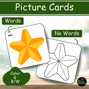 Christmas ASL Flashcards (Part 2) picture cards help students relate the vocabulary to the real world. Image features two icon flashcards with ans without word. bubble in lower right corner states this flashcards set comes in colored and black-and-white versions.