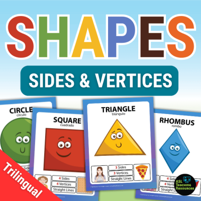 2D trilingual shapes posters - spanish, english, sign language - shapes sides and verticies