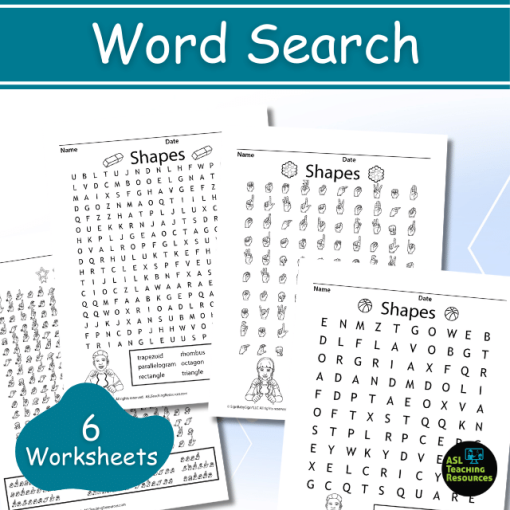 shapes word search. 6 worksheets. two levels of play english and fingerspelling