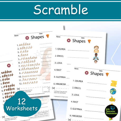 shapes scramble activities. 12 worksheets. show two leveles of play fingerspelling and English