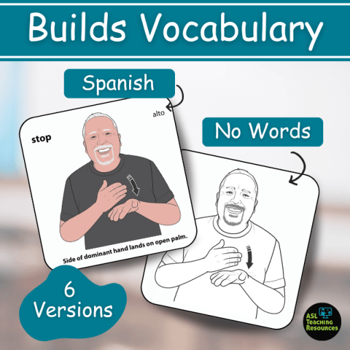 preschool flashcards builds vocabulary 6 versions. showing sign cards with english and spanish and cards without words.