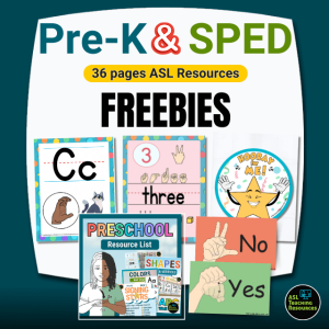 Pre-K & SPED Freebies. 36 pages of ASL resources. Image features Letter C, Number 3 posters, Preschool Flashcards, Yes and No game, and Signing Stars Coloring Pages