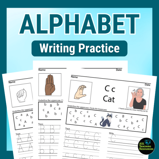 Alphabet writing practice worksheets. Trace, write, ASL, letter and sound recognition.