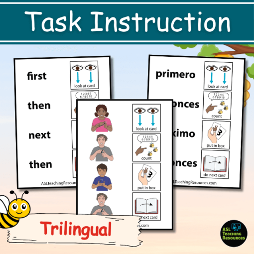 Beehive Numbers 1-10 task instruction cards. Showing trilingual cards in English, Spanish, and Sign Langauge