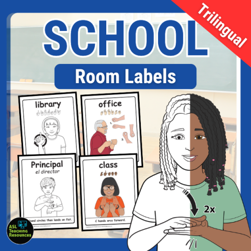 trilingual school room labels. Image shows four labels, two colored and two black and white. Each label features sign language with English or Spanish translations.