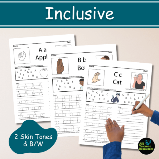 ABC writing worksheets available in two skin tones and black and white