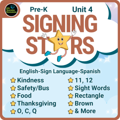 PreK Signing Stars Unit 4. English, Sign Language, Spanish. Topics in this unit are Kindness. Safety - Bus Safety. Food. Thanksgiving. Letters O, C, Q. Numbers 11 and 12. Sight words. Rectangle. Color Brown. and more.