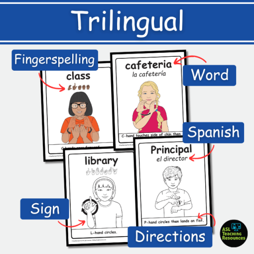 Trilingual school labels. Image points out that labels feature English word, fingerspelling, sign, sign directions, and a version with spanish translation