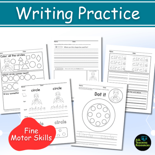 Writing Practice. Enhance fine motor skills with circle worksheets. image shows 5 worksheets with writing practice activities.