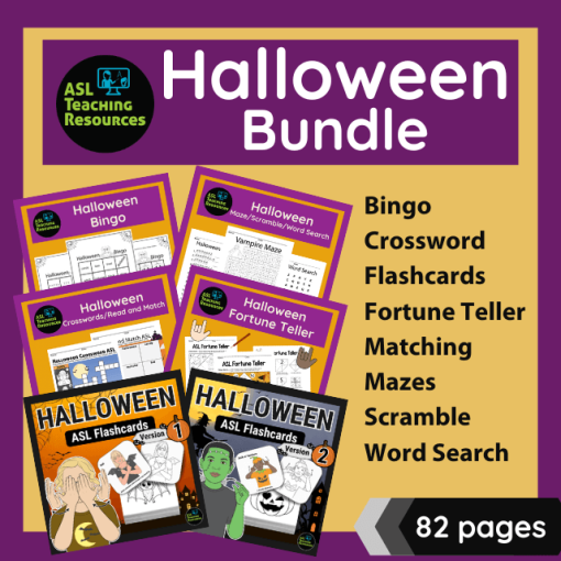 ASL Halloween Bundle ishow images for the following activities: bingo, crossword, flaschcards, fortune teller, matching, mazes, scramble and word search. toale of 82 pages.