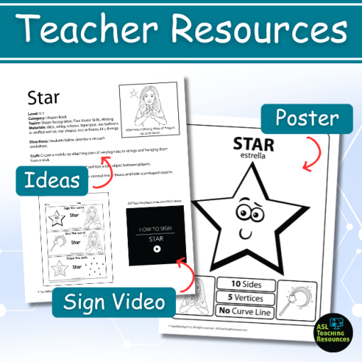 ASL star worksheets provide teacher resources with ideas, sign video, and poster.