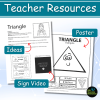Triangle worksheets. Triangle lesson plan includes teacher resources. Additional triangle activity ideas to assist with teaching lesson. Sign Language video demonstration link. Classroom triangle attributes poster.