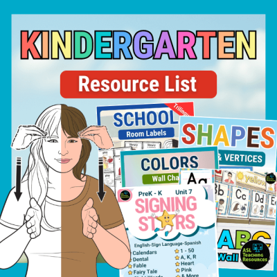 Text reads Kindergarten Resource List with image of Teacher sign language and 4 product images for school