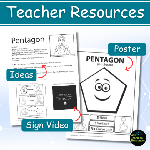 Pentagon Printable Worksheets include teacher resources featuring additional ideas, sign video, and class poster.. Image features the teacher pentagon resources sheet and classroom 2D poster.
