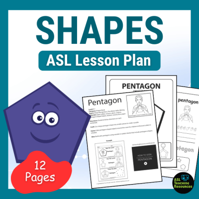 Pentagon Shapes ASL Lesson Plan Worksheets includes 12 pages of hands-on fune. Image features a purple pentagon with a smily face and ASL worksheets