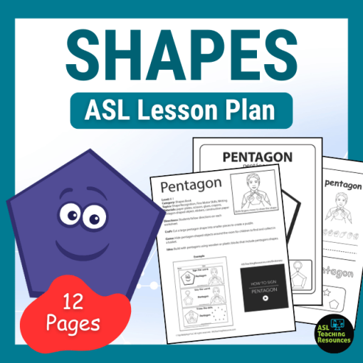Pentagon Shapes ASL Lesson Plan Worksheets includes 12 pages of hands-on fune. Image features a purple pentagon with a smily face and ASL worksheets