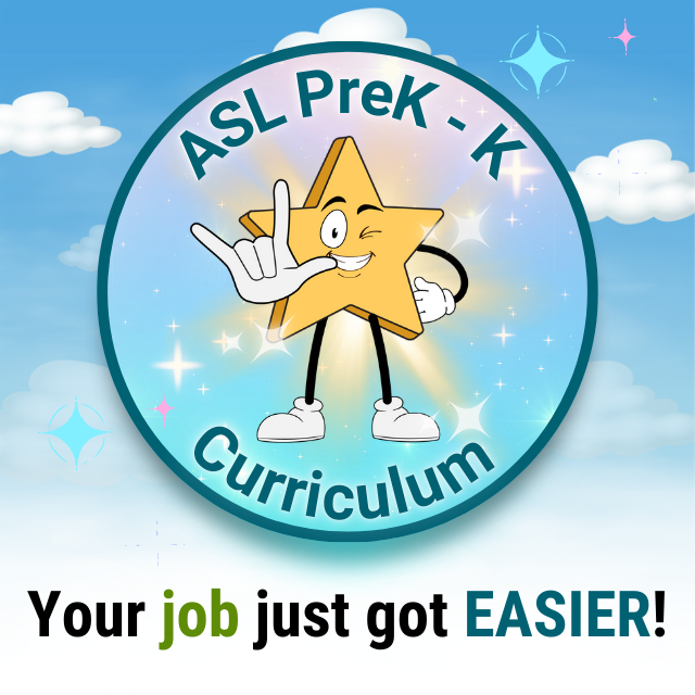 asl-prek-k-curriculum Cheerful cartoon star character making the American Sign Language (ASL) sign for "I love you" with its left hand. The star is inside a circular badge with the text "ASL PreK - K Curriculum" on a sparkling, sky-blue background with clouds. Below the badge, the phrase "Your job just got EASIER!" is written, with "job" in green and "EASIER" in blue.