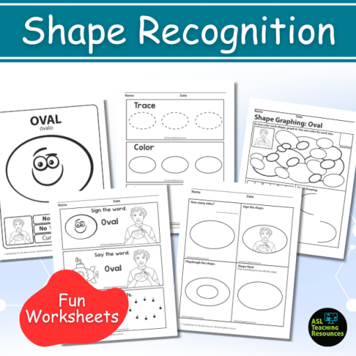 These fun worksheets boost oval shape recognition. Image features five oval shape worksheets with activities such as coloring, tracing, graphing, drawing, and more.