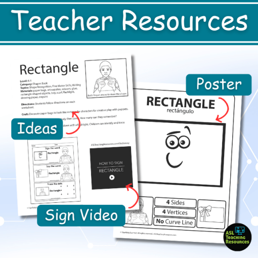 Rectangle Worksheets include teacher resources like the lesson plan with additional teaching ideas, sign video, and class 2D attributes poster. Image shows two rectangle printables.